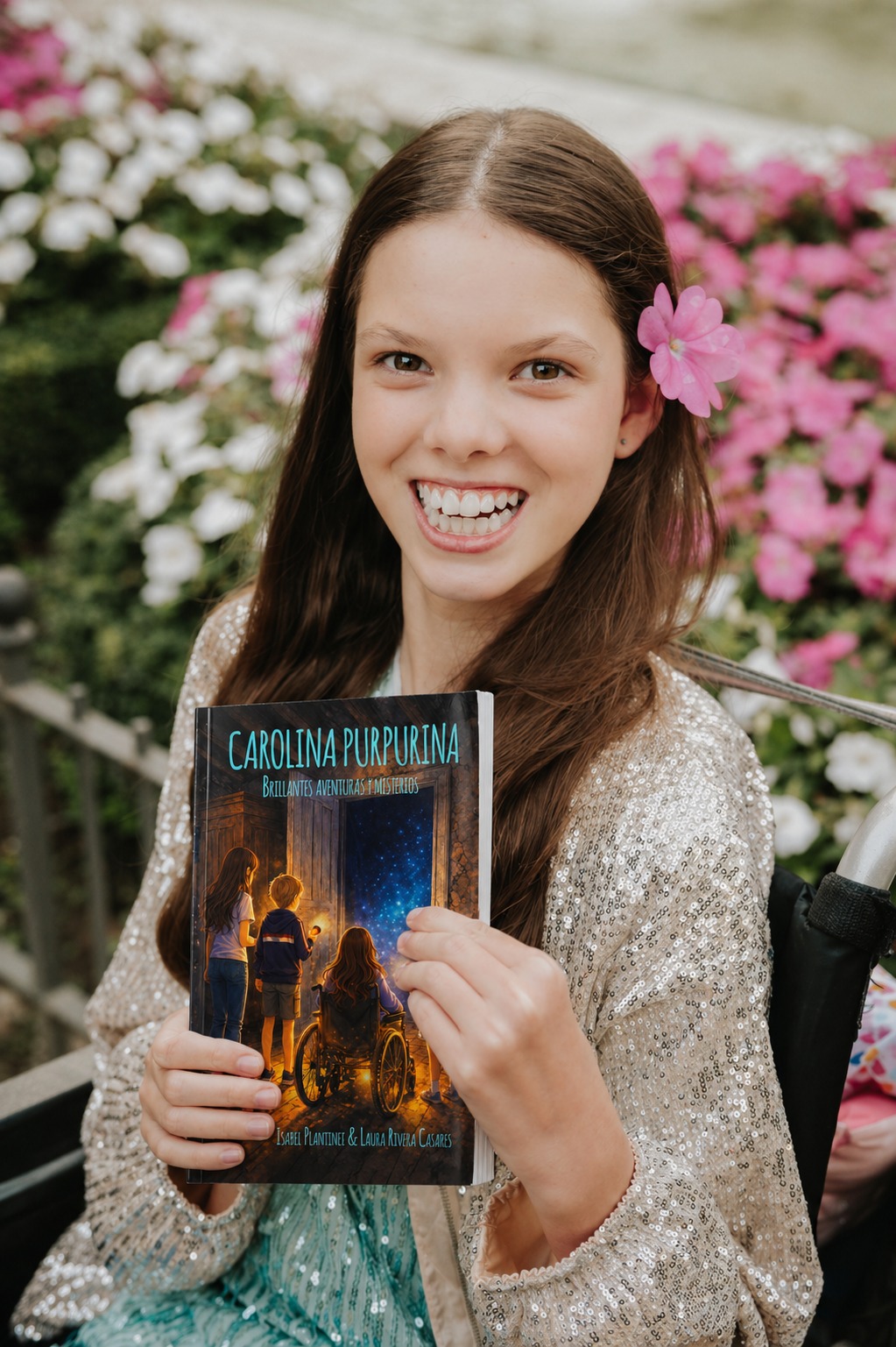 Isabel holds “Carolina Purpurina. Brillantes aventuras y misterios” in front of a bed of flowers.