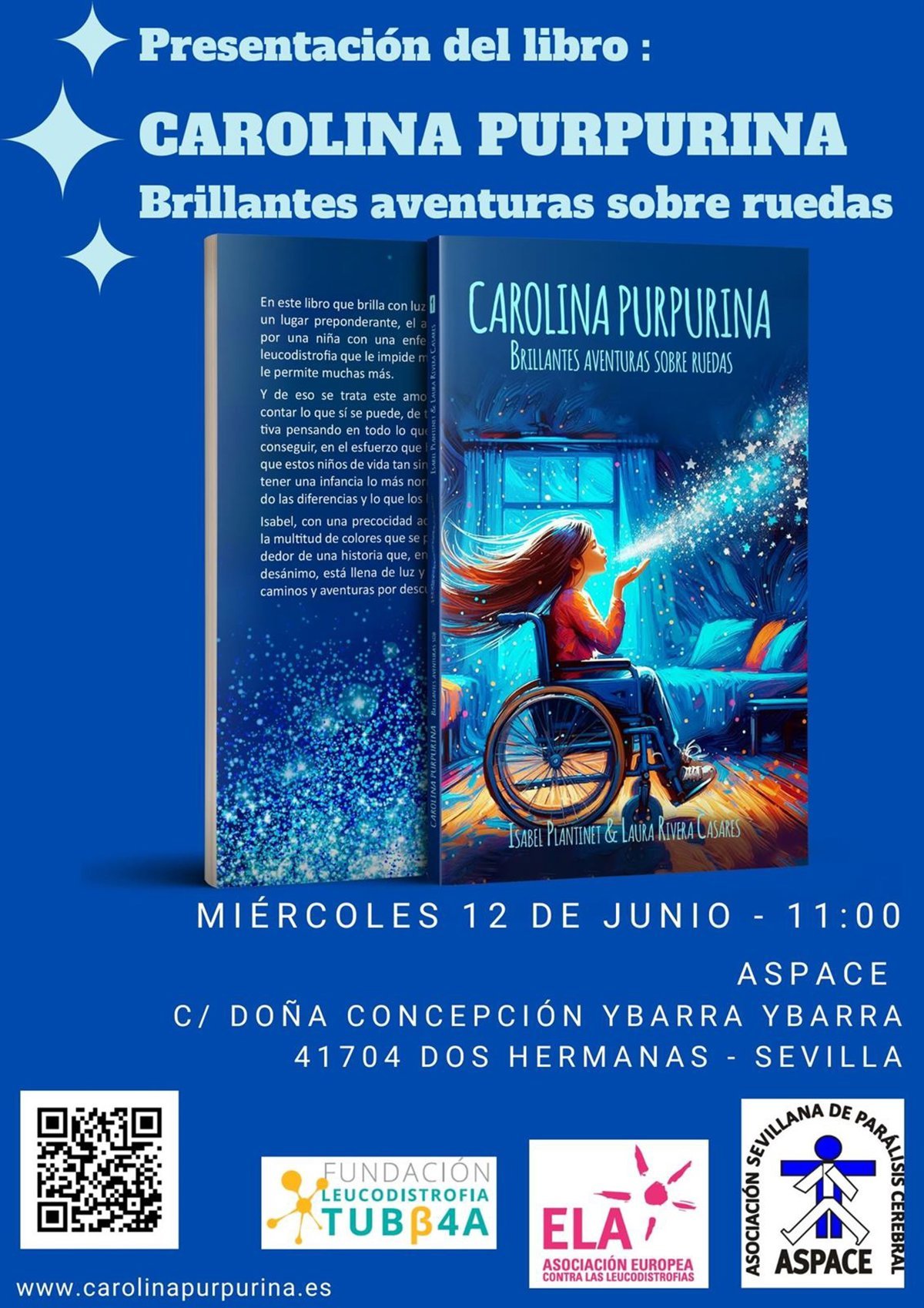 Poster for the book presentation on 12 June at 11:00 at ASPACE, Dos Hermanas (Seville), with the cover and the logos of the organisations.